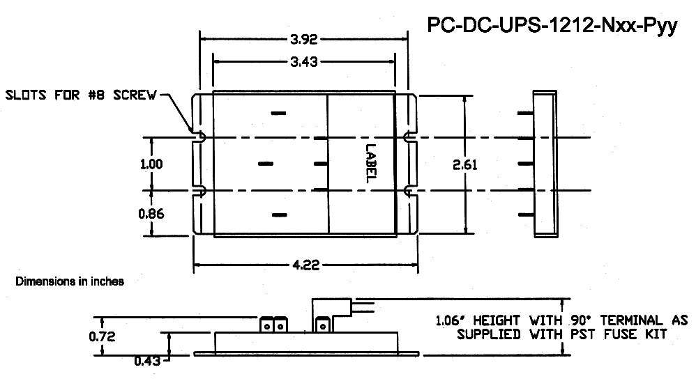 dimensioned drawing of the PC-DC-UPS-1212-Nxx-Pyy