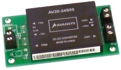 AV20-24S05 24V to 5V 4A DC converter mondule on circuit board with screw terminals