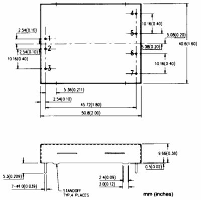 Dimensions and pin out of DC converter module
