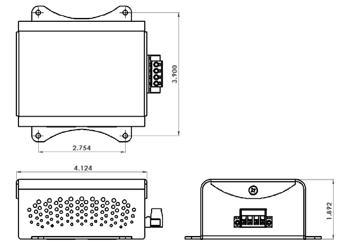 dimensioned drawing for the 72 to 12 volt 5A converter