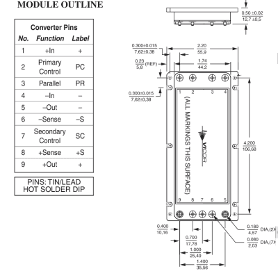 diagram of the V48A28C500A layout and pinout