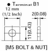 The B1 terminal is a bolt and nut terminal with 12mm or 1/2" width and a metric M5 unthreaded hole.  The bolt and nut are included.