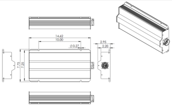 drawing of the 850W DC converter showing dimensions