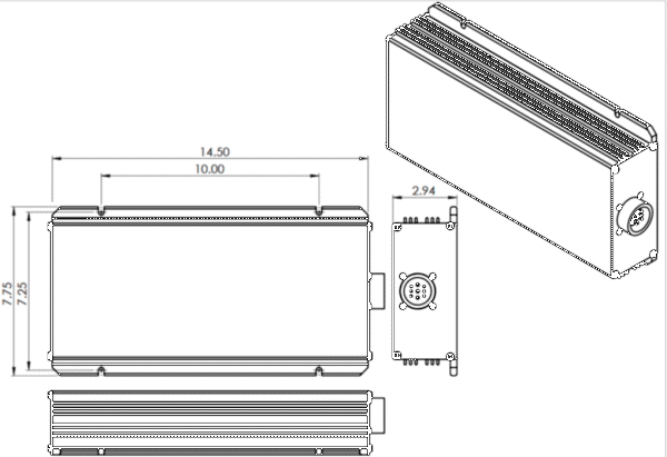 drawing of the 850W DC converter showing dimensions