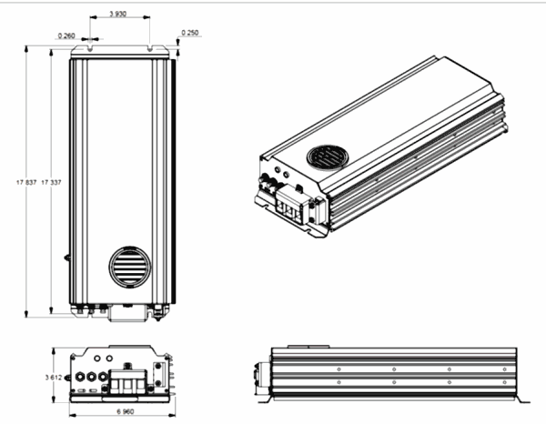 drawing of the 850W DC converter showing dimensions