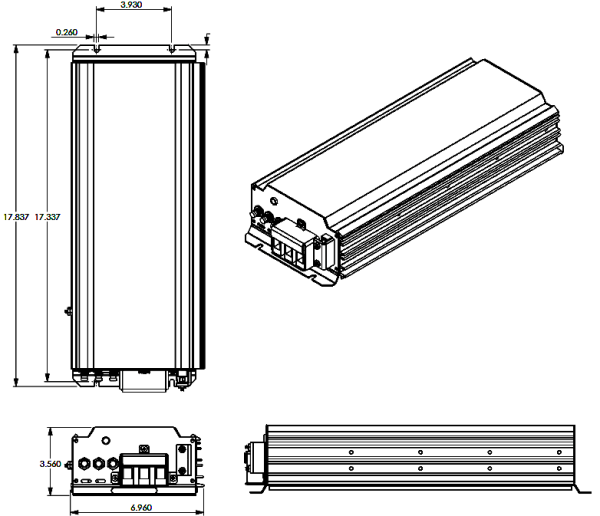 drawing of the 850W DC converter showing dimensions