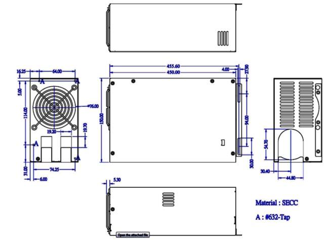 sketch with dimensions of the 48V 2500W PSU