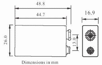 dimensions and schetch of 9 volt lithium non-rechargeable battery