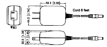 Drawing of 9VDC 12watt 1.3amp wall mount miniature power supply
