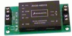 20 watt DC converter module mounted on a circuit board with screw terminal connectors