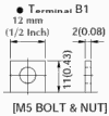 The B1 terminal is a bolt and nut terminal with 12mm or 1/2" width and a metric M5 unthreaded hole.  The bolt and nut are included.